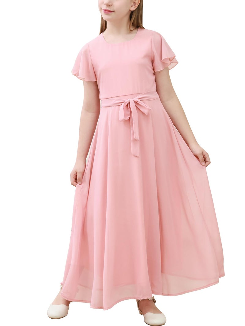GORLYA Girls Scoop Neck Ruffle Sleeve Vintage Elegant Flowy Wedding Party Long Maxi Chiffon Dress 10-16Y(GOR1184,12Y,Pink) - Image 1