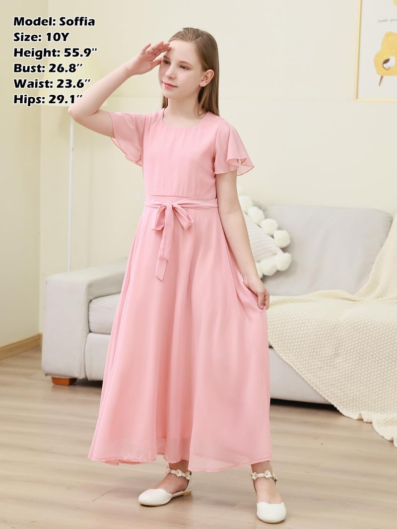 GORLYA Girls Scoop Neck Ruffle Sleeve Vintage Elegant Flowy Wedding Party Long Maxi Chiffon Dress 10-16Y(GOR1184,12Y,Pink) - Image 4