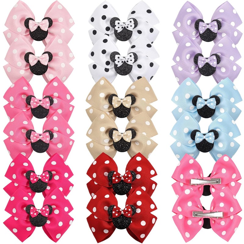 Qearl 16 Pcs Mouse Ears Bow Clips for Girls Polka Dot Red Bows Theme Park Costume Party Decoration for Toddlers Girls in Pairs