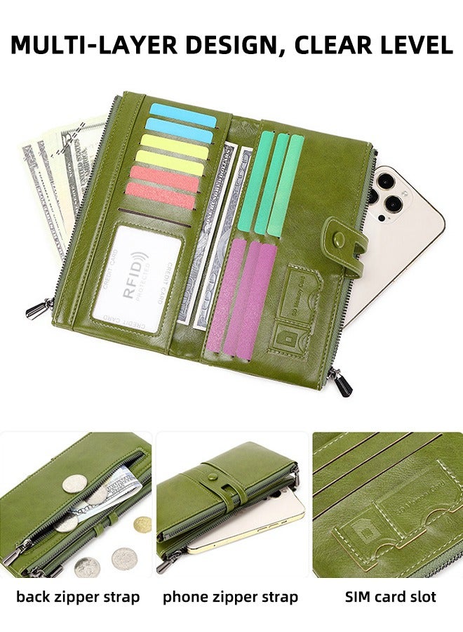 تشارم محفظة جلدية نسائية - حامل بطاقات RFID مع جيب بسحاب، محفظة مضادة للسرقة بسحاب مزدوج، محفظة طويلة باللون الأخضر - Image 2