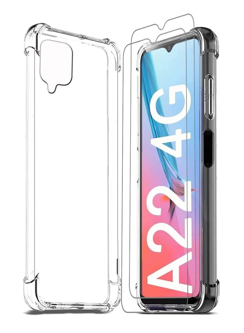 DUSALA Galaxy A22 4G Shockproof Clear Transparent Case Cover (2 Pack Tempered) Glass Screen Protector, Edge to Edge Full Screen Coverage - Image 1