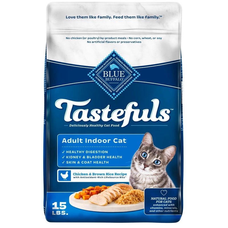 Blue Buffalo Tastefuls Natural Dry Food for Adult Indoor Cats, Chicken & Brown Rice Recipe, 15-lb. Bag - Image 1