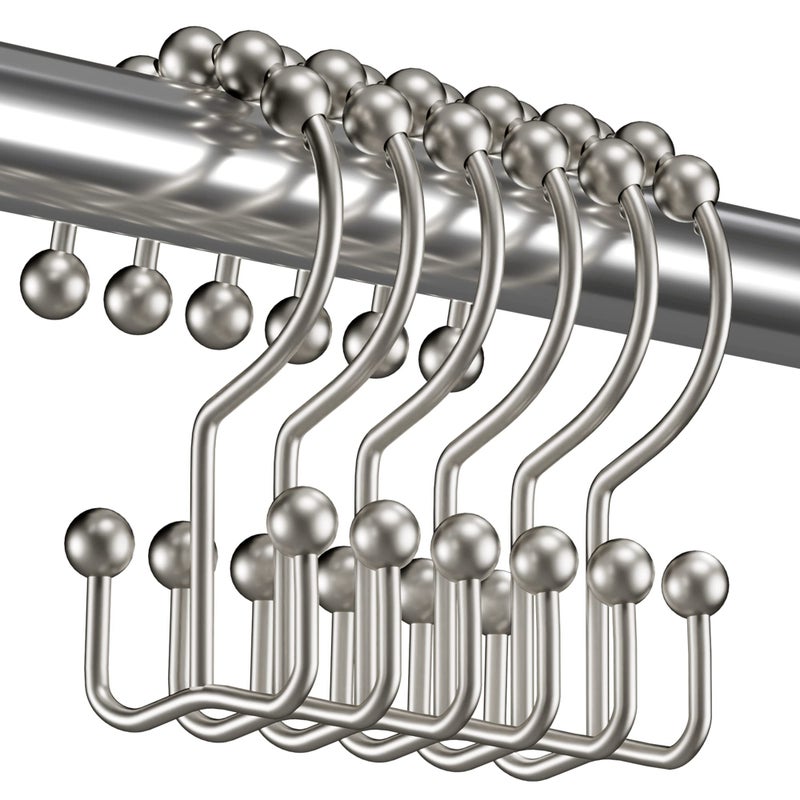 Titanker Shower Curtain Hooks Rings, Rust-Resistant Metal Double Glide Shower Hooks for Bathroom Shower Rods Curtains, Set of 12 Hooks - Matte Nickel - Image 1