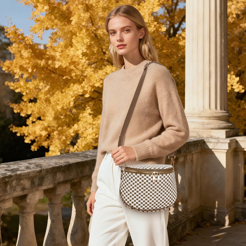 FODOKO Woven Crossbody Bag for Women weave Leather Bum Bags Checkered Purse with zipper - Image 2