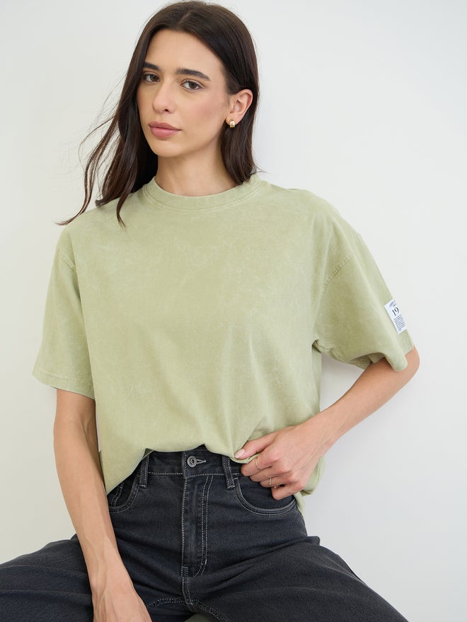 Styli Green Cotton Acid Wash T-Shirt - Image 1