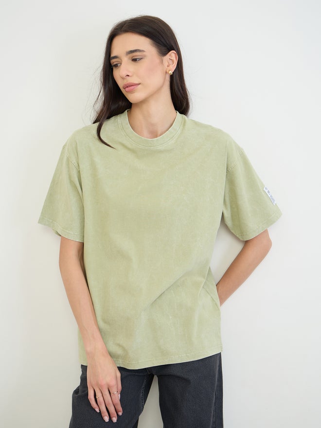 Styli Green Cotton Acid Wash T-Shirt - Image 3