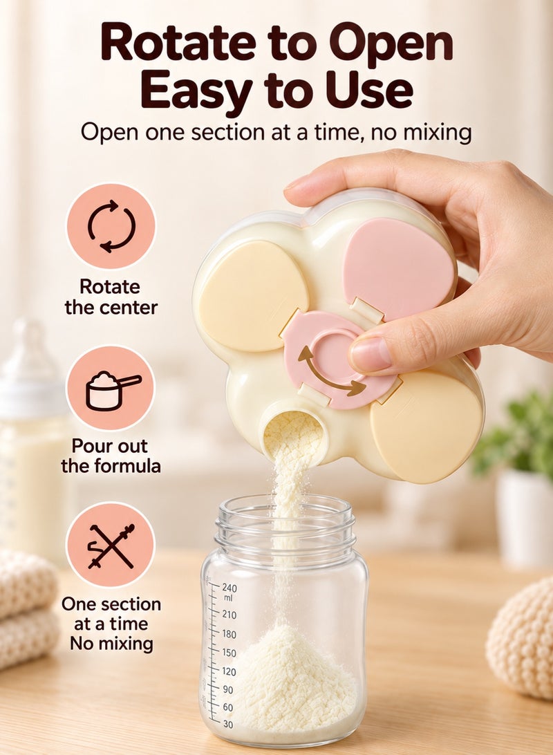 insular 4-Compartment Baby Formula Dispenser, Portable Milk Powder Container with 40g per Compartment, Airtight Travel Formula Box for On-the-Go Feeding, BPA-Free PP Clover Design with Stickers (Light Yellow) - Image 2