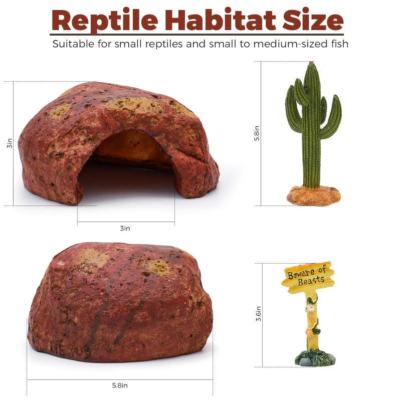 AMZCOM 3-in-1 Desert Theme Reptile Rock Cave Hide for Leopard Gecko & Snake - Naturalistic Tank Habitat Decor Set with Cactus Model, Interactive Warning Sign & Moist Hideout (Small Size) - Image 3