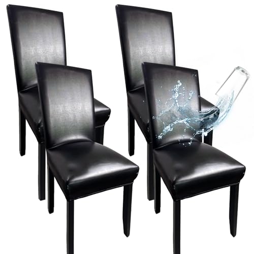 WUSOUPU Leather Chair Covers for Dining Chairs Set of 4 Super Stretch Waterproof Kitchen Chair Covers Thickened Washable Dining Chair Slipcovers Black Chair Seat Covers for DiningKitchenBanquet - Image 1