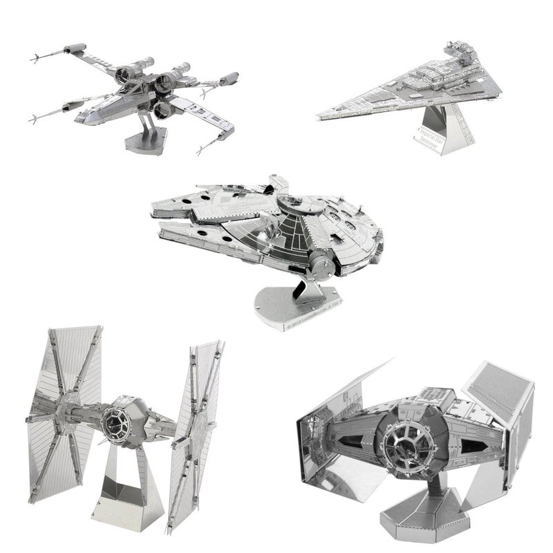 STAR WARS Metal Earth Set of 5 3D Laser Cut Star Wars Models: X-Wing, TIE Fighter, Imperial Star Destroyer, Darth Vader's TIE Fighter and Millennium Falcon - Image 1
