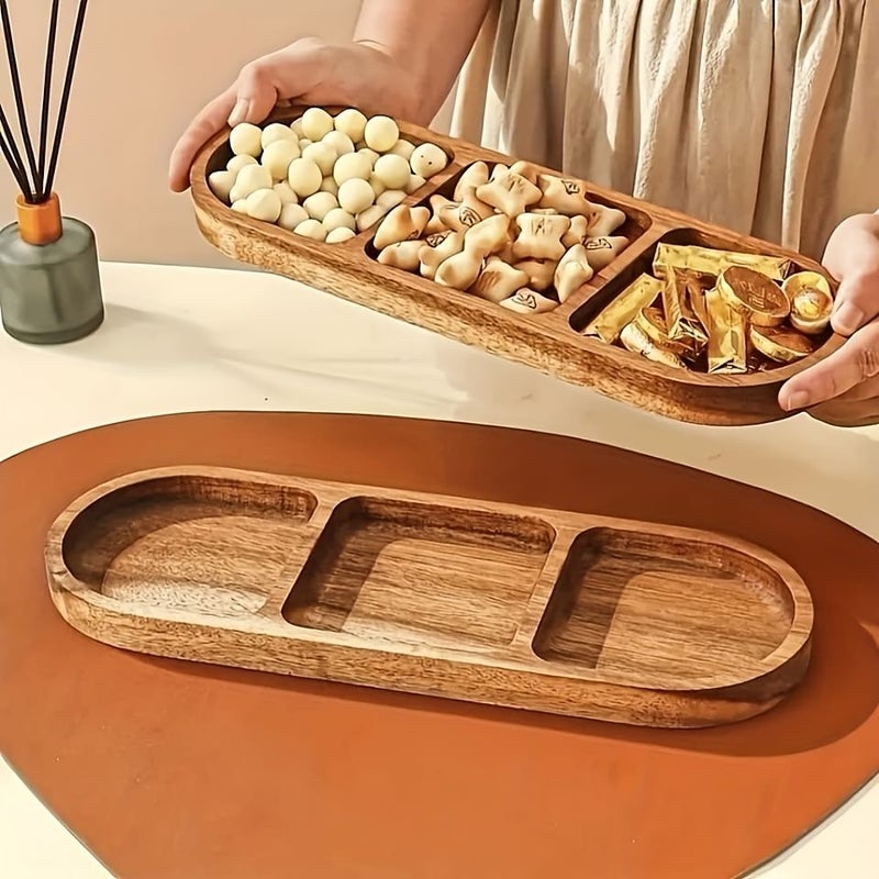 Acacia Wood Snack Tray 1pc Divided Display Plate for Cheese Nuts Fruits Bread - Image 1