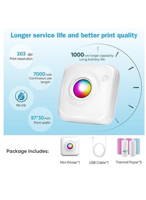 Mini Portable Printer, Print Pod, Bluetooth Smart Pocket Inkless Thermal with Roll Papers for Journal/DIY Scrapbook/Travel/Notes/Lists/Label/Memo Receipt Printer for iOS & Android
