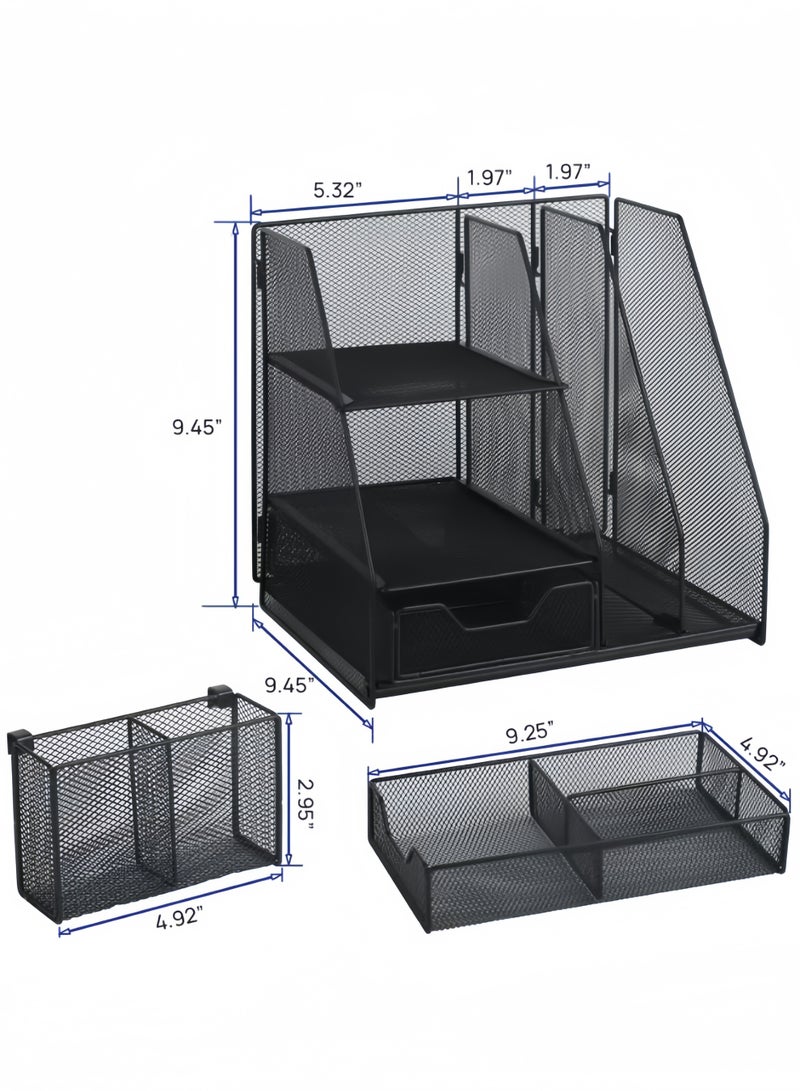 Desk Organizer, File Organizer for Desk with 2-Tier Paper Letter Tray, Drawer and 2 Pen Holder, Mesh Desktop Organization with Magazine Holder for Office Supplies - Image 2