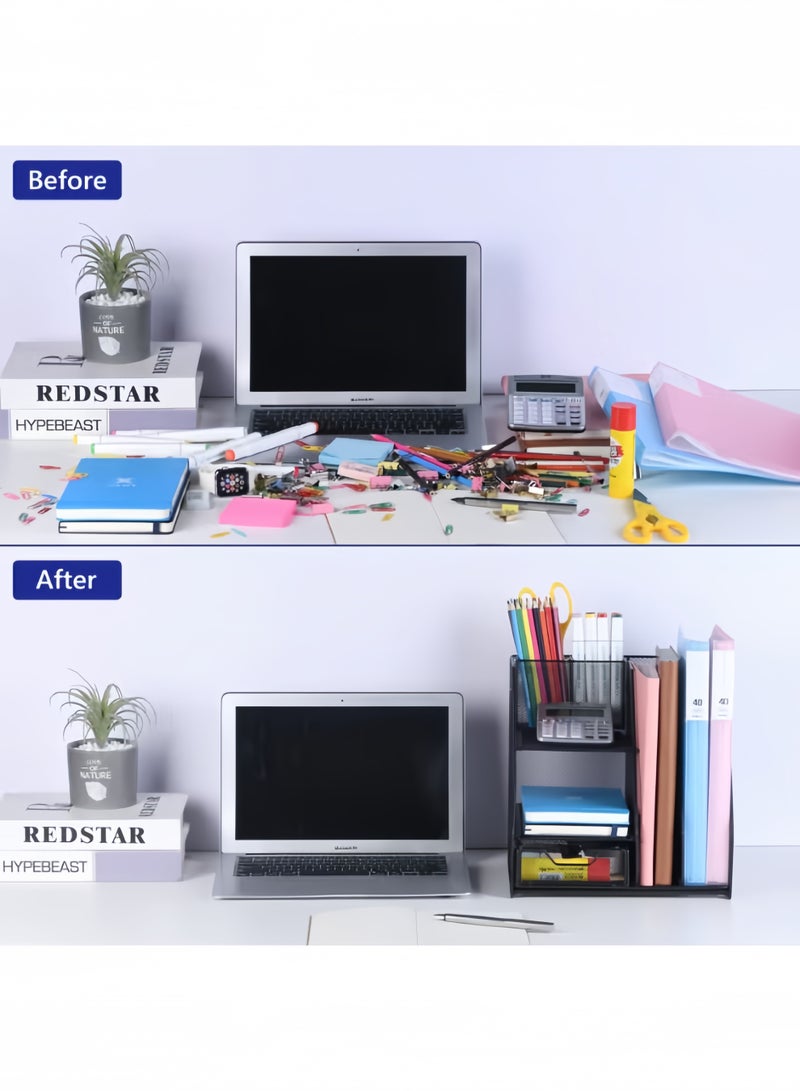 Desk Organizer, File Organizer for Desk with 2-Tier Paper Letter Tray, Drawer and 2 Pen Holder, Mesh Desktop Organization with Magazine Holder for Office Supplies - Image 5