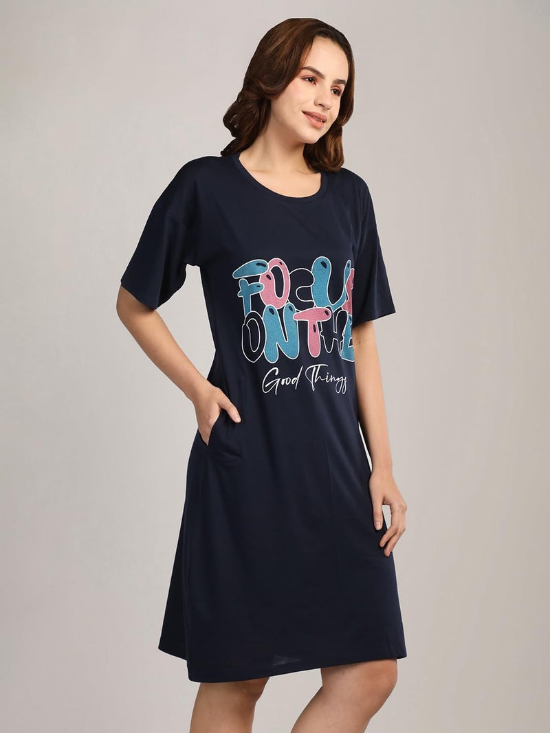 Duchess Cotton Half Sleeve Oversized T-Shirts for Women| Nighty - Loose Fit Tee with Pocket Navy - Image 5