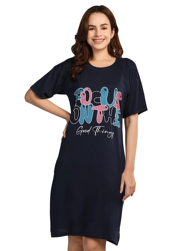 Duchess Cotton Half Sleeve Oversized T-Shirts for Women| Nighty - Loose Fit Tee with Pocket Navy - Image 1