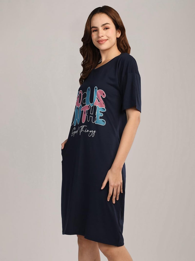 Duchess Cotton Half Sleeve Oversized T-Shirts for Women| Nighty - Loose Fit Tee with Pocket Navy - Image 4