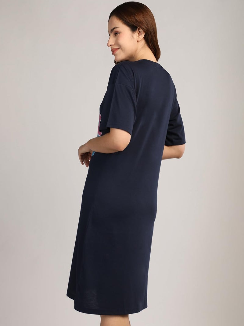 Duchess Cotton Half Sleeve Oversized T-Shirts for Women| Nighty - Loose Fit Tee with Pocket Navy - Image 3
