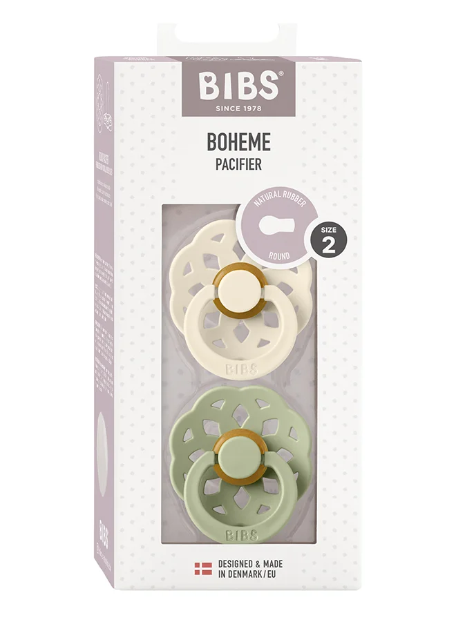 بيبس Baby Pacifier Boheme, Made with Natural Rubber Latex, Round Nipple, Mouth Skin Sensitive, Soft, Flexible, For Babies 6 Months and Above, BPA-free, Ivory/ Sage Colour, Pack of 2, Size 2