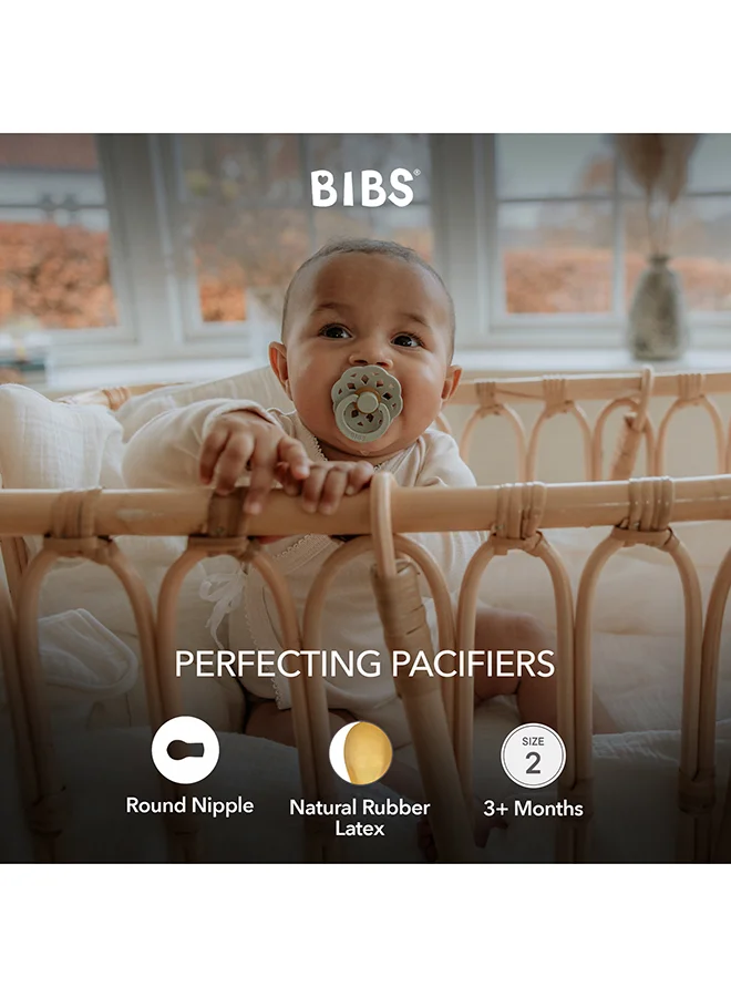 BIBS Baby Pacifier Boheme, Made with Natural Rubber Latex, Round Nipple, Mouth Skin Sensitive, Soft, Flexible, For Babies 6 Months and Above, BPA-free, Ivory/ Sage Colour, Pack of 2, Size 2