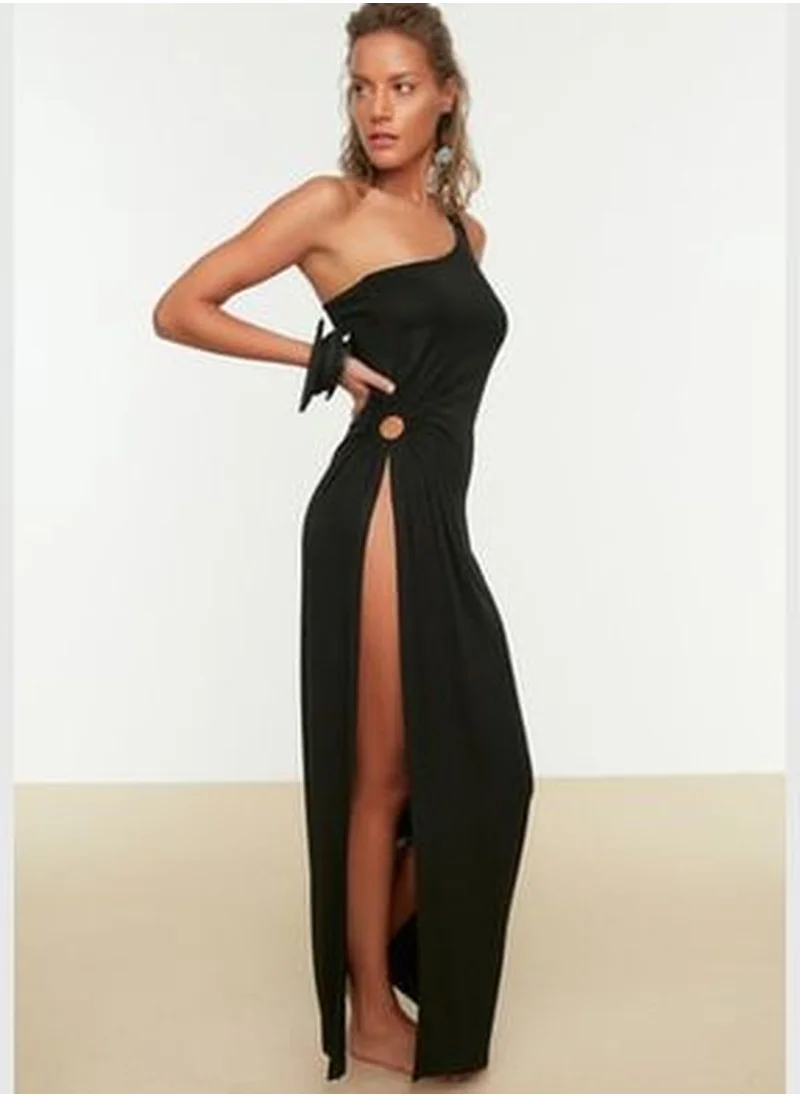 trendyol Black Fitted Maxi Knitted One-Shoulder Beach Dress with a Slit TBESS22EL0706