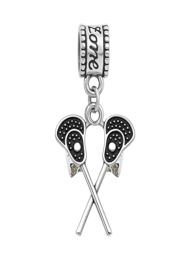Sportybella Lacrosse Charm Bead - Crossed Sticks Pendant Compatible with Pandora, Biagi, Chamilia, Troll, European Bracelets - Stainless Steel Gift for Players, Coaches, Fans, Team Jewelry - Image 1