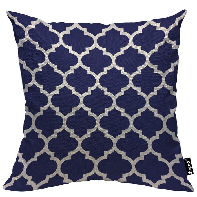 NAVY BLUE AND WHITE THROW PILLOW CASE QUATREFOIL CLOVER MOROCCAN FLOWER LANTERN SHAPE DECORATIVE COTTON LINEN SQUARE CUSHION COVERS STANDARD PILLOWCASE COUCH SOFA BED MENWOMEN 18X18 INCH