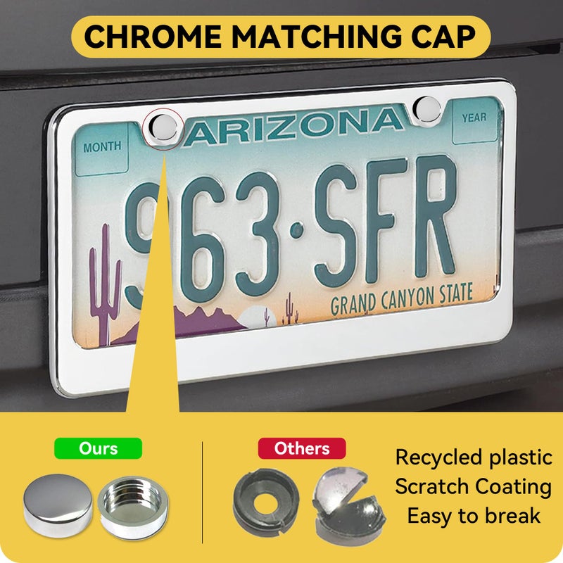 Flamax Mirror Polished Heavy Duty Stainless Steel License Plate Frame with Chrome Screw Caps, 2 Holes Rust-Proof Chrome-Like Finish Stainless Steel License Plate Frames 2 Pack - Image 2