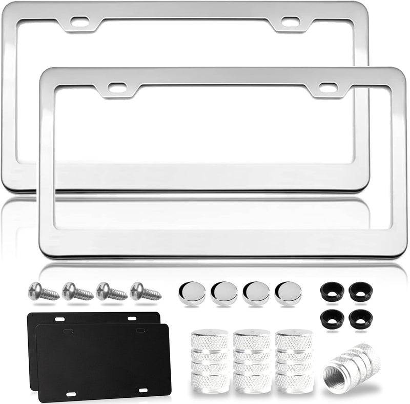 Flamax Mirror Polished Heavy Duty Stainless Steel License Plate Frame with Chrome Screw Caps, 2 Holes Rust-Proof Chrome-Like Finish Stainless Steel License Plate Frames 2 Pack - Image 1