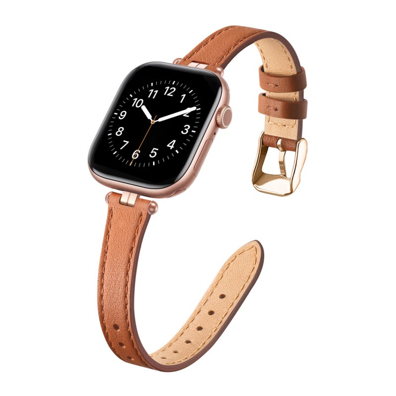 STIROLL Thin Leather Band Compatible with Apple Watch Bands 41mm 40mm 38mm 42mm(Series 11 10) Women, Stylish Top-Grain Leather Strap Slim Wristband for iWatch SE3/2/1 Series 9 8 7 6 5 4 3 2 1, Brown/Rose Gold - Image 1
