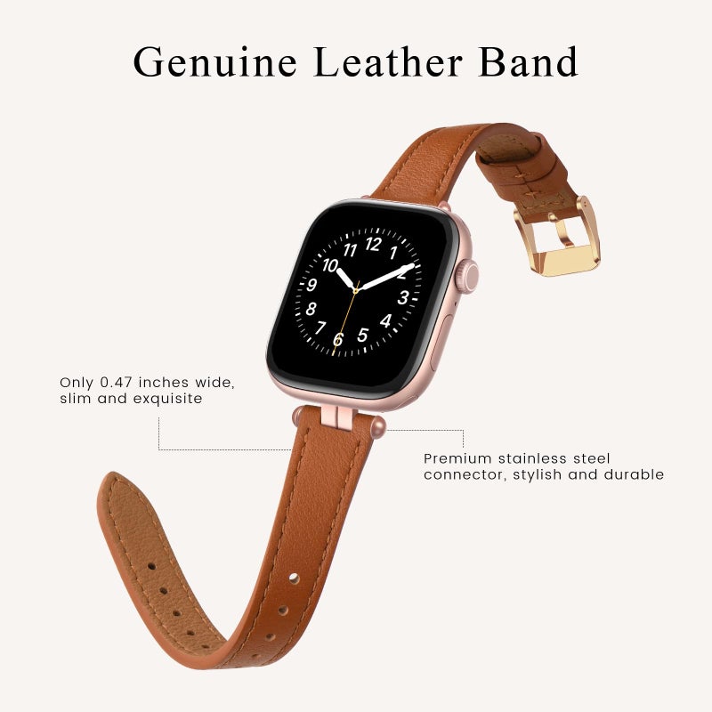 STIROLL Thin Leather Band Compatible with Apple Watch Bands 41mm 40mm 38mm 42mm(Series 11 10) Women, Stylish Top-Grain Leather Strap Slim Wristband for iWatch SE3/2/1 Series 9 8 7 6 5 4 3 2 1, Brown/Rose Gold - Image 4