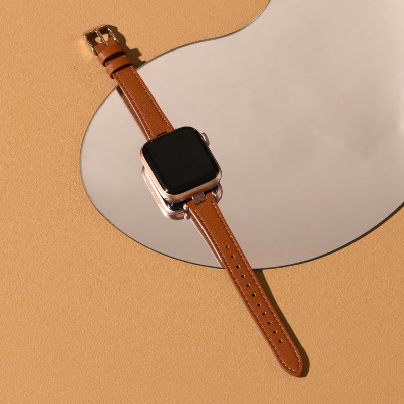 STIROLL Thin Leather Band Compatible with Apple Watch Bands 41mm 40mm 38mm 42mm(Series 11 10) Women, Stylish Top-Grain Leather Strap Slim Wristband for iWatch SE3/2/1 Series 9 8 7 6 5 4 3 2 1, Brown/Rose Gold - Image 3