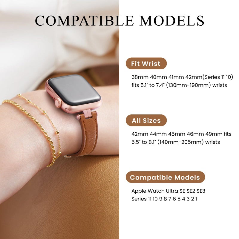 STIROLL Thin Leather Band Compatible with Apple Watch Bands 41mm 40mm 38mm 42mm(Series 11 10) Women, Stylish Top-Grain Leather Strap Slim Wristband for iWatch SE3/2/1 Series 9 8 7 6 5 4 3 2 1, Brown/Rose Gold - Image 5