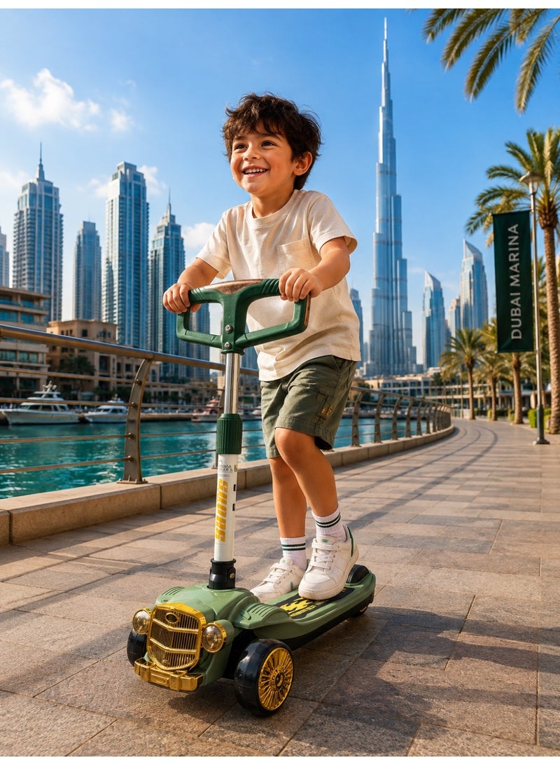 سكوتر أطفال ثلاثي العجلات بتصميم سيارة مع عجلات LED مضيئة، إضاءة وموسيقى، ارتفاع قابل للتعديل، توجيه وفرامل خلفية، تحمل وزن +100 كجم - أخضر - Image 3