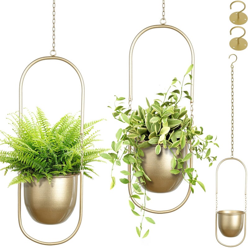 AceList Boho Hanging Planter for Indoor Plants - Set of 2 Gold Metal Wall Planter 5.7Inch with Hooks and Chins, Plant Hanger Decor for Window and Patio - Suitable for Hanging Plants Decor - Image 1