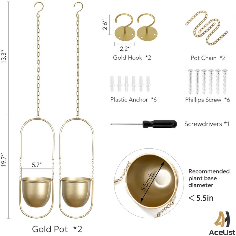 AceList Boho Hanging Planter for Indoor Plants - Set of 2 Gold Metal Wall Planter 5.7Inch with Hooks and Chins, Plant Hanger Decor for Window and Patio - Suitable for Hanging Plants Decor - Image 2