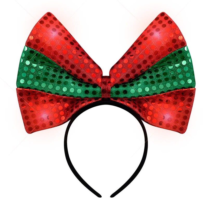 FlashingBlinkyLights Sequin Light Up Green & Red Christmas Bow Headband - Image 4