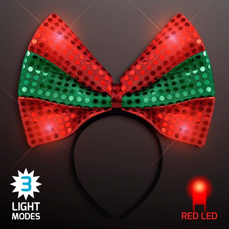 FlashingBlinkyLights Sequin Light Up Green & Red Christmas Bow Headband - Image 3