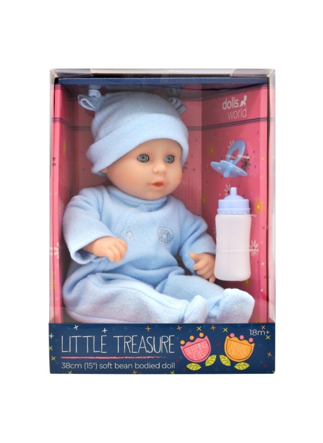 dolls world Little Treasure 15 inch Baby Doll With Sleeping Eyes Bottle & Dummy from Peterkin gift for kids of Age above 18 months  - Image 1