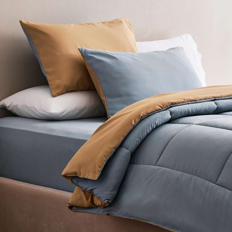 Pan Home طقم لحاف عكسي مكون من 3 قطع - أزرق معدني وخردل