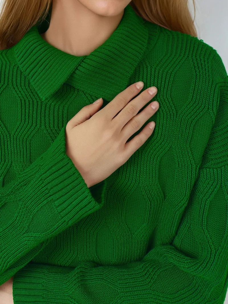 My Fashion Green MY FASHION Patterned Knit Sweater with Collar Detail for Women | Best Price UAE