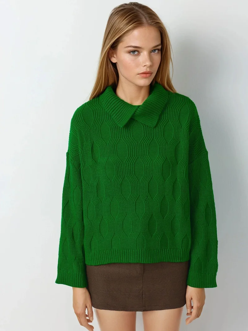 My Fashion Green MY FASHION Patterned Knit Sweater with Collar Detail for Women | Best Price UAE