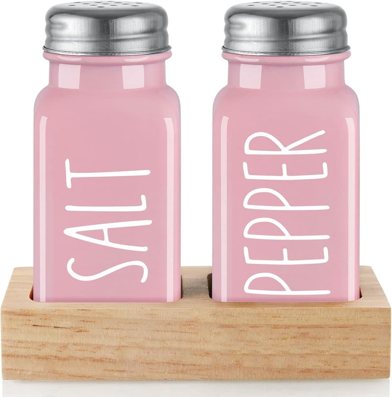 dopeca Pink Salt and Pepper Shakers Set with Holder - Pink Kitchen Home Decor and Accessories - Glass Salt Shaker with Wood Tray for Kitchen Counter or Table -2.7 oz - Image 1