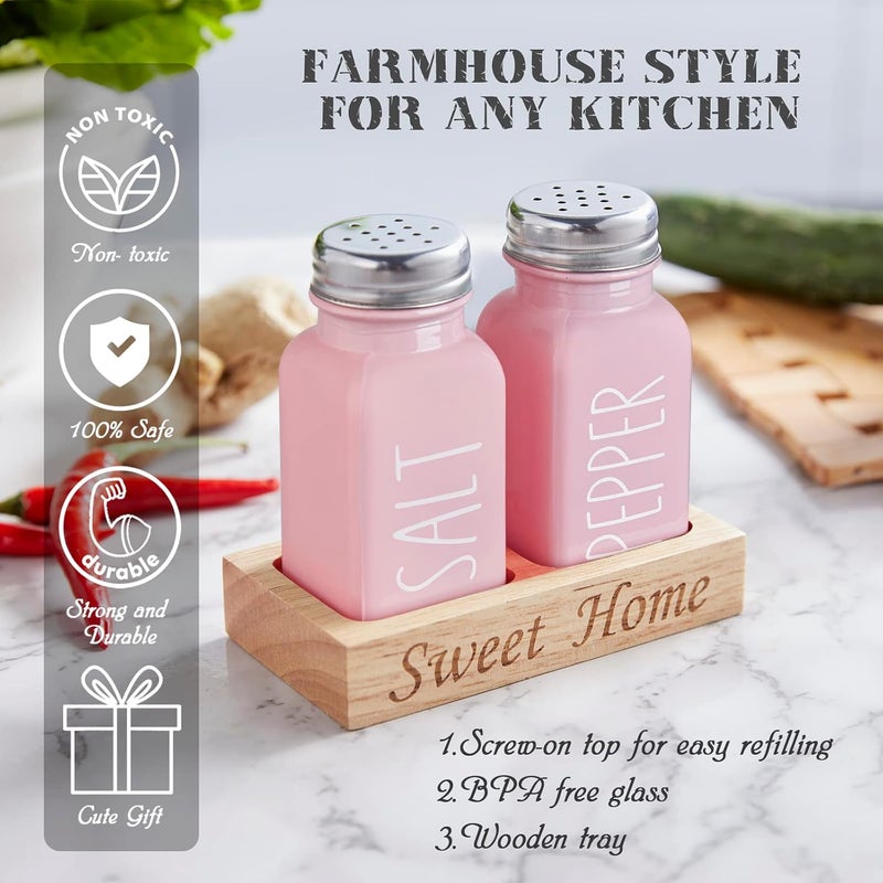 dopeca Pink Salt and Pepper Shakers Set with Holder - Pink Kitchen Home Decor and Accessories - Glass Salt Shaker with Wood Tray for Kitchen Counter or Table -2.7 oz - Image 5
