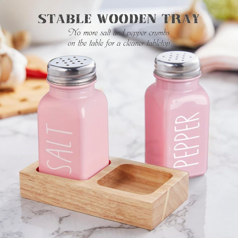 dopeca Pink Salt and Pepper Shakers Set with Holder - Pink Kitchen Home Decor and Accessories - Glass Salt Shaker with Wood Tray for Kitchen Counter or Table -2.7 oz - Image 3