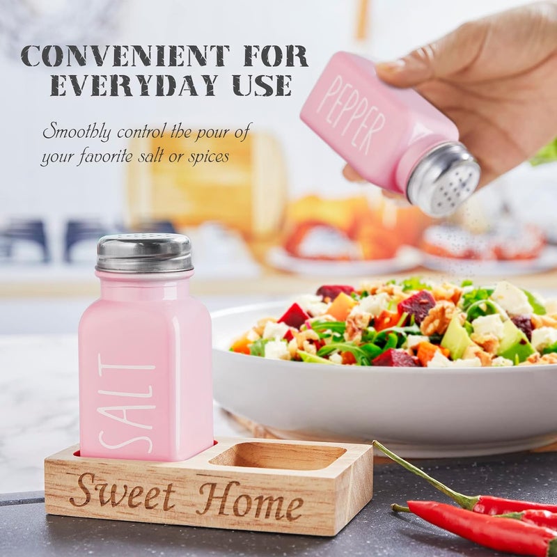 dopeca Pink Salt and Pepper Shakers Set with Holder - Pink Kitchen Home Decor and Accessories - Glass Salt Shaker with Wood Tray for Kitchen Counter or Table -2.7 oz - Image 2