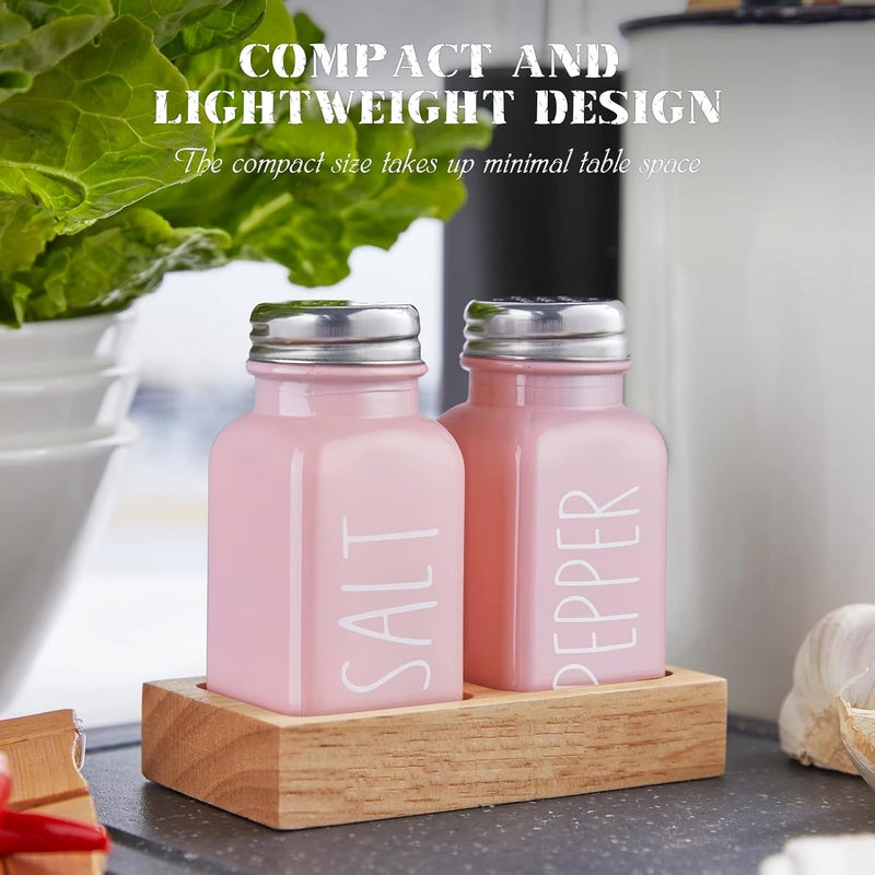 dopeca Pink Salt and Pepper Shakers Set with Holder - Pink Kitchen Home Decor and Accessories - Glass Salt Shaker with Wood Tray for Kitchen Counter or Table -2.7 oz - Image 4