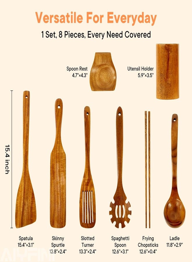 Alyfini Non-Toxic Wooden Utensils for Cooking - Natural Acacia & Glue-Free,15.4" Large Spatula Set, Long Handle for Scald-Resistant, Wood Kitchen Spoons/Chopsticks/Holder, for Non Stick Frying Pans by ALYFINI - Image 2