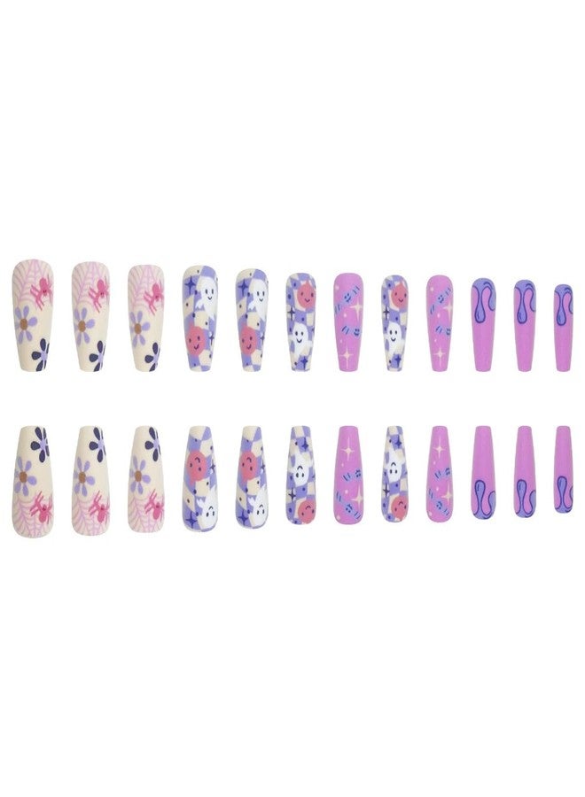 HJKDSFD Halloween Cute Press on Nails Coffin Shaped Fake Nails Purple Matte Glue on Nail with Ghost Flower Designs Medium Length False Nails Full Cover Stick on Nail for Women Girls 24Pcs - Image 5