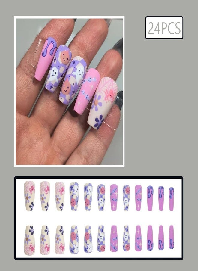HJKDSFD Halloween Cute Press on Nails Coffin Shaped Fake Nails Purple Matte Glue on Nail with Ghost Flower Designs Medium Length False Nails Full Cover Stick on Nail for Women Girls 24Pcs - Image 2
